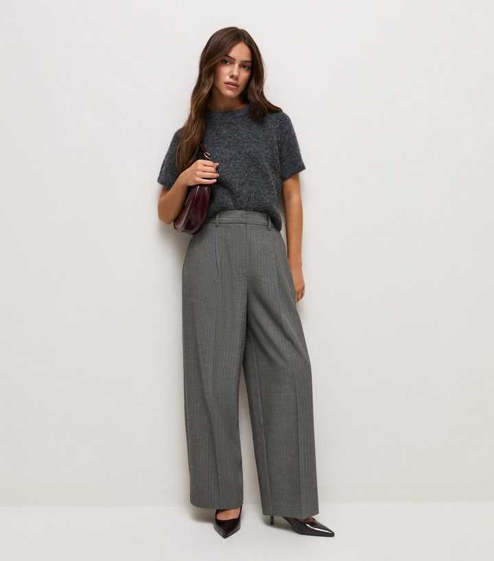 Petite Grey Striped Tailored Wide Leg Trousers