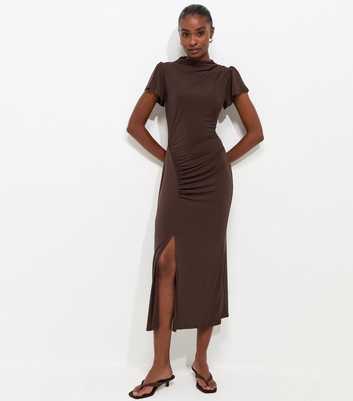 Dark Brown Ruched Split Short Sleeve Midi Dress