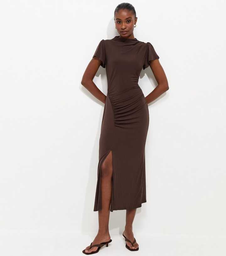 Dark Brown Ruched Split Short Sleeve Midi Dress