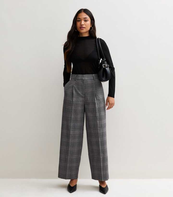 Petite Grey Checked Wide Leg Trousers