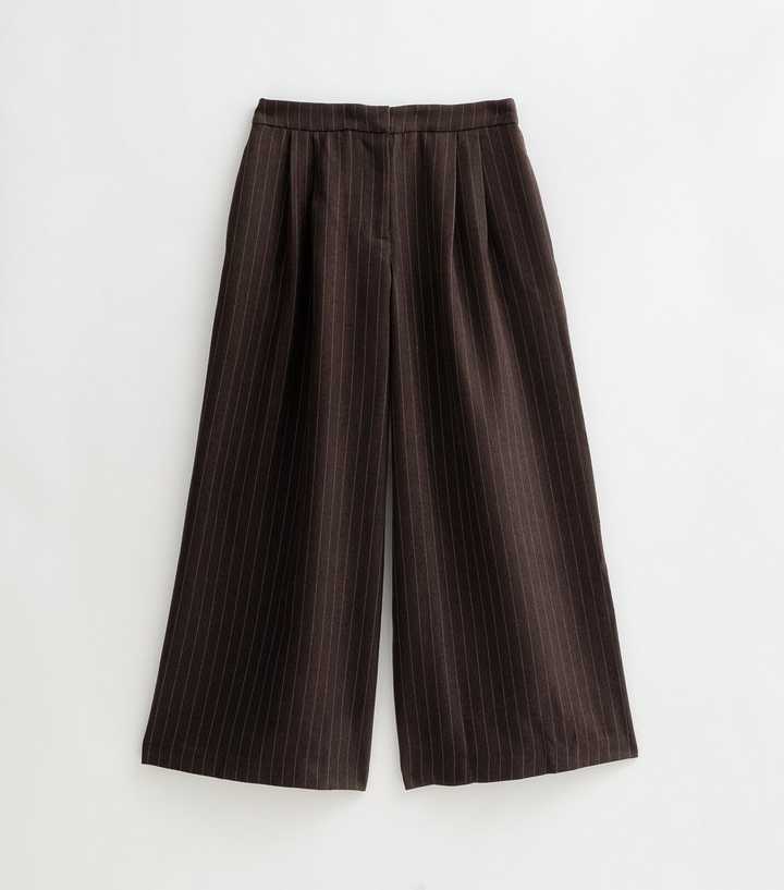 Petite Brown Pinstripe Wide Leg Tailored Trousers