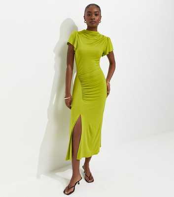 Bright Green Ruched Short Sleeve Midi Dress