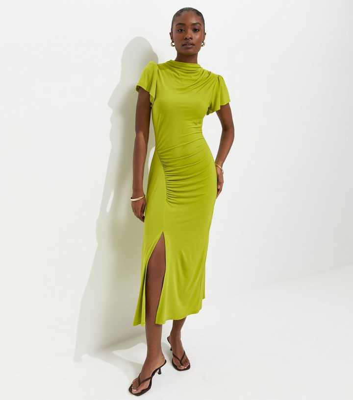 ruched short sleeve loose green midi dress VSSSJ Midi Dresses for Women Casual Square Neck Solid Color Short Sleeve  Ruched High Waist Loose Fit Summer Cotton Linen Dress Army Green XXL
