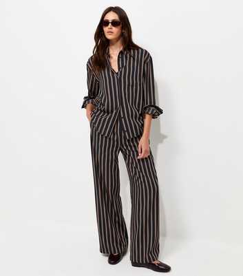 Blue Woven Striped Wide Leg Trousers