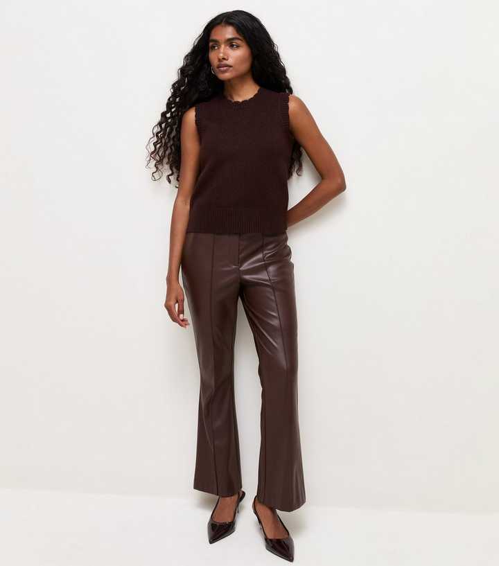 Petite Dark Brown Faux Leather Kick Flare Trousers