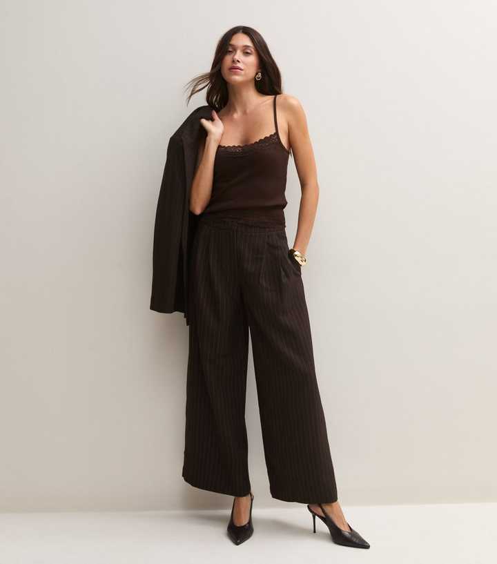 Brown Pinstripe Tailored Wide Leg Trousers