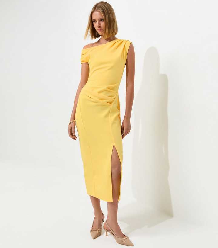 Light Yellow Fallen Shoulder Slit Detail Midi Dress