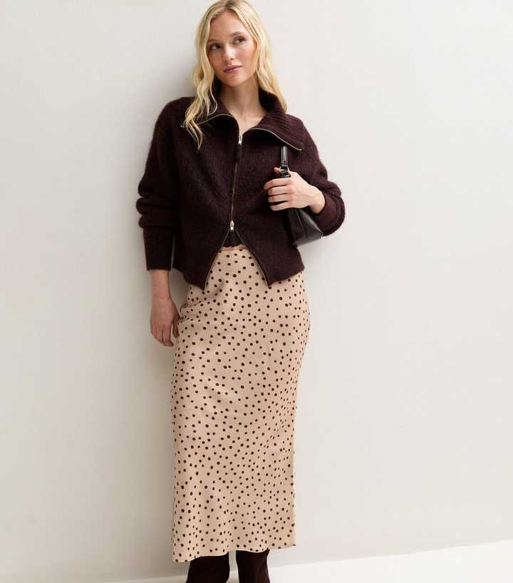 Petite Brown Satin Bias Cut Polka Dot Midi Skirt