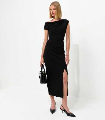 Black Fallen Shoulder Slit Detail Midi Dress