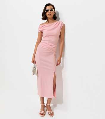Pink Fallen Shoulder Slit Detail Midi Dress