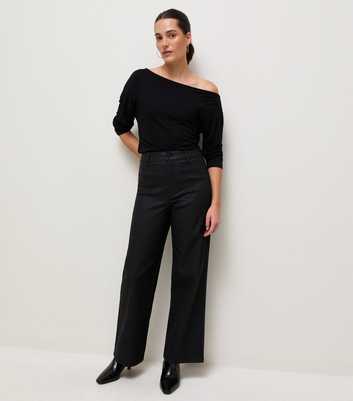 Black Coated High Waist Stretch Wide Leg Jeans
