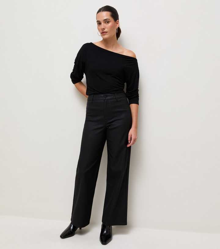 Black Coated High Waist Stretch Wide Leg Jeans