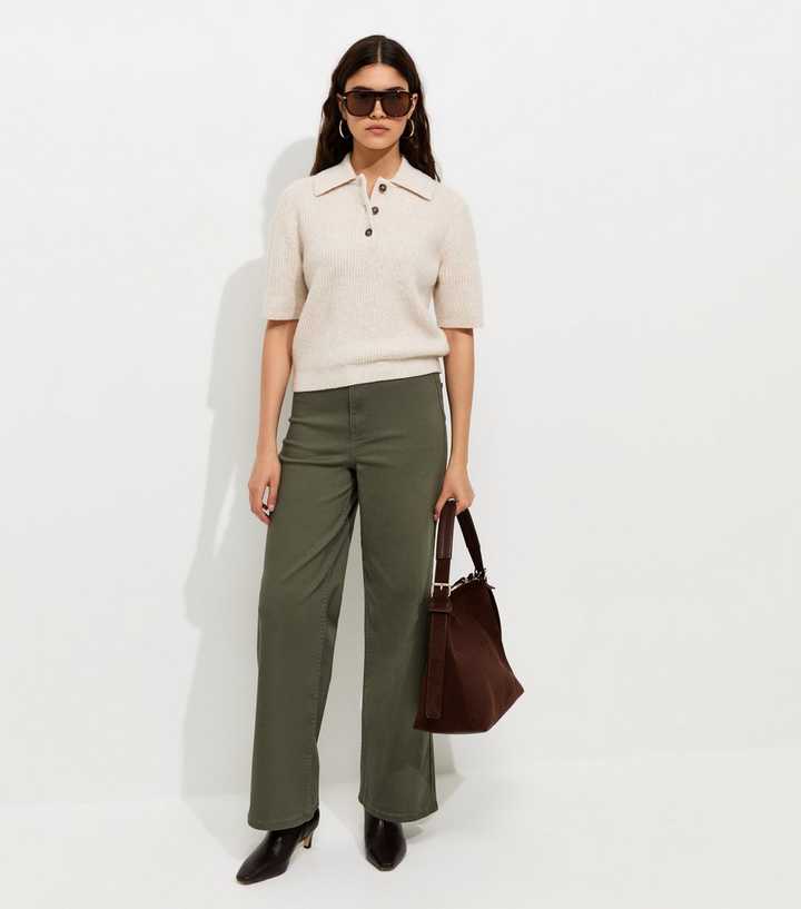 Dark Khaki Twill High Waist Stretch Wide Leg Jeans