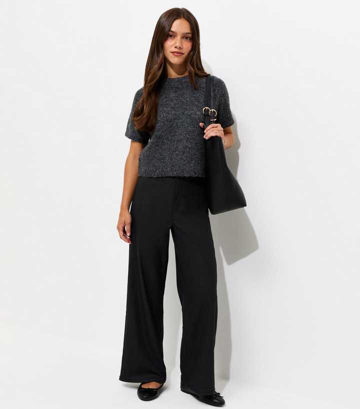 Petite Black Coated High Waist Stretch Wide Leg Trousers