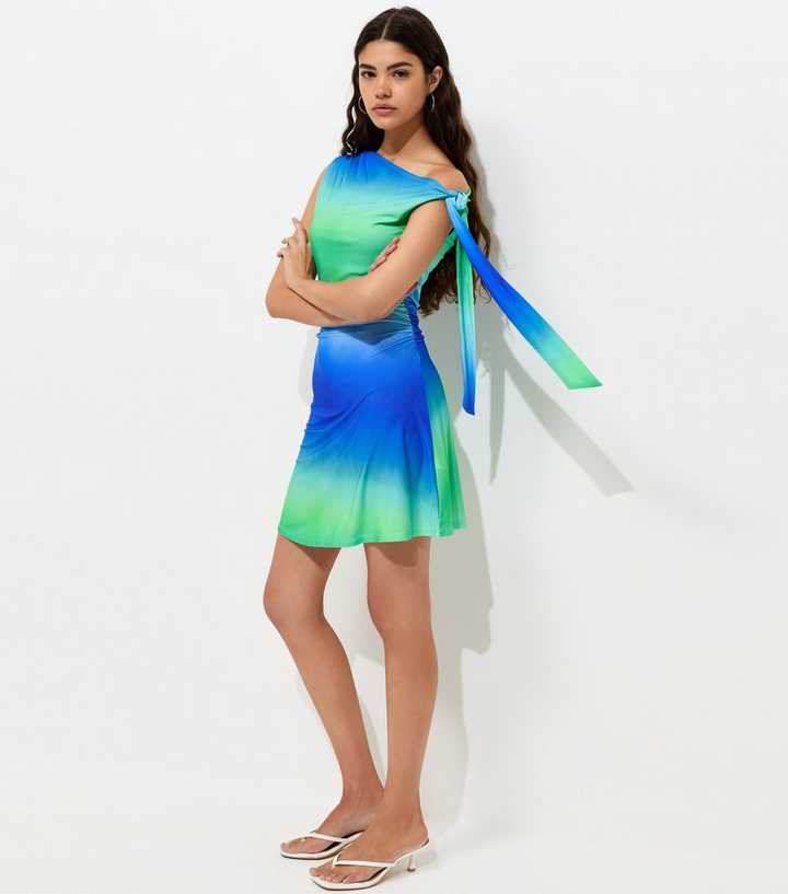 Blue Ombre Fallen Shoulder Mini Dress