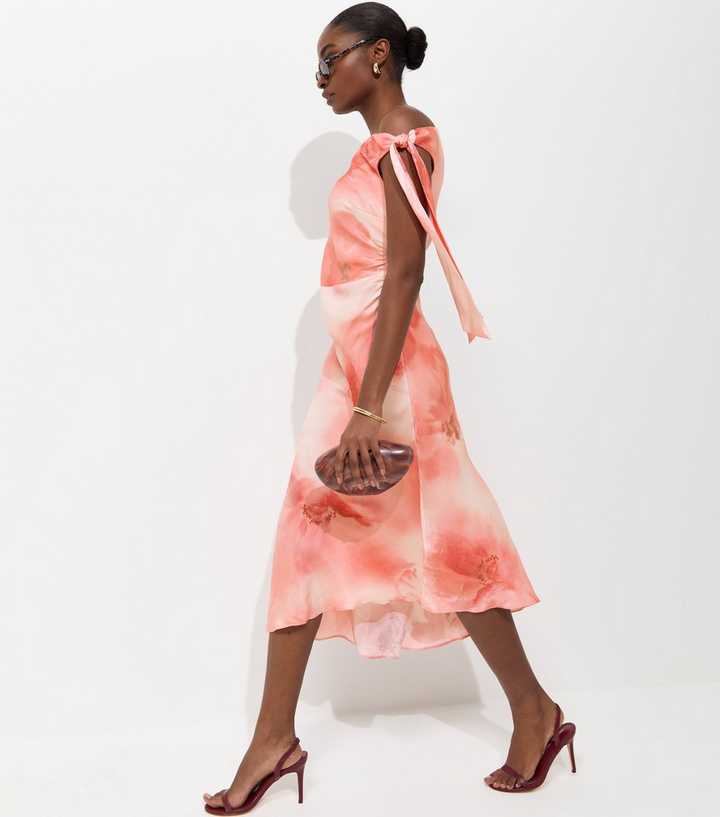 Pink Blurred Floral Print Shimmer Effect Midi Dress