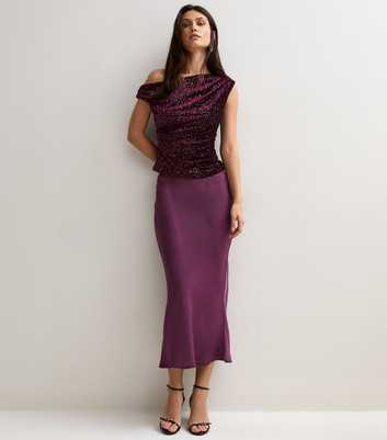 Dark Purple Satin Bias Cut Midi Skirt