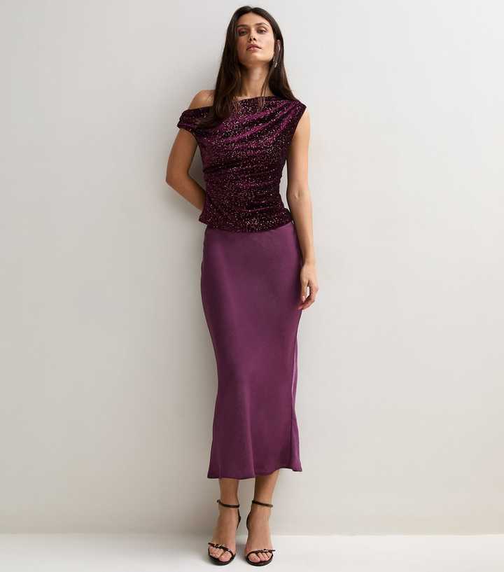 Dark Purple Satin Bias Cut Midi Skirt