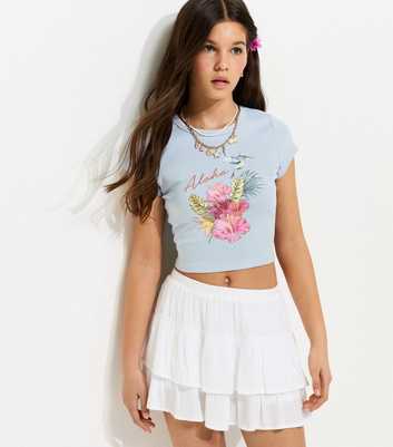 Girls Light Blue Cotton Aloha Graphic Cap Sleeve Crop Top