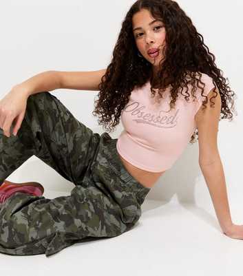 Girls Light Pink Obsessed Embellished Cotton Cap Sleeve Crop Top