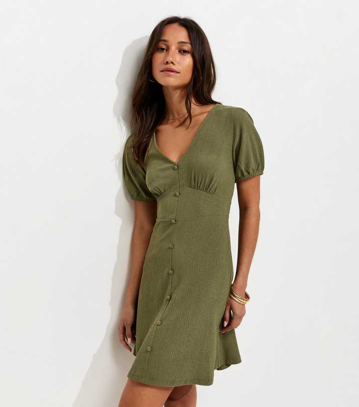 Dark Khaki Crinkled Short Sleeve Mini Dress