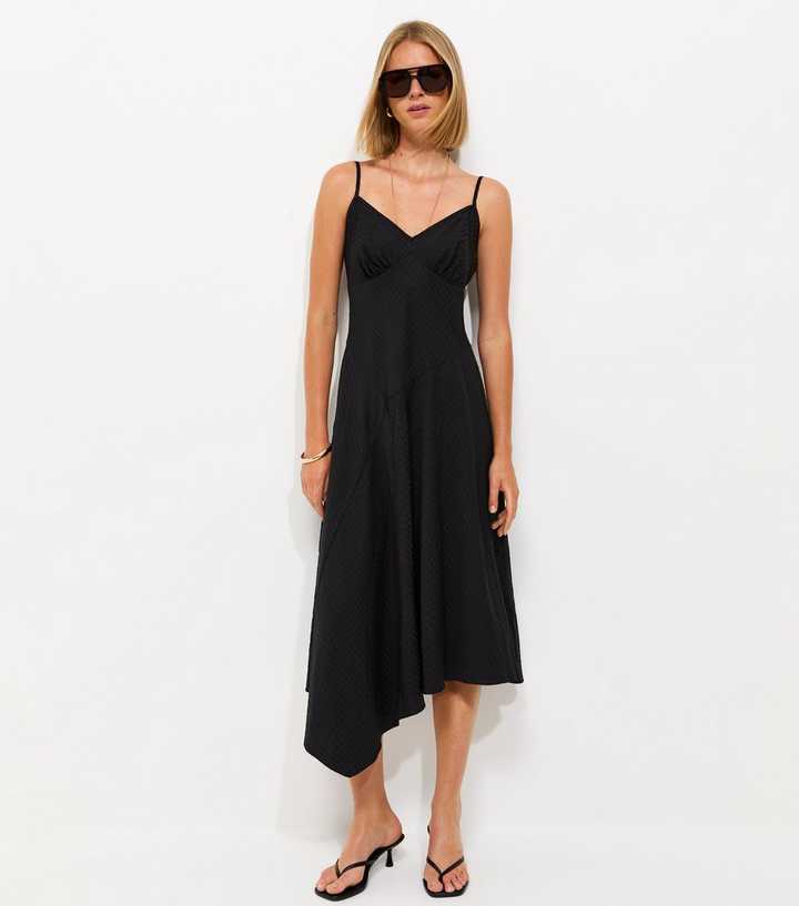 Black Asymmetric Hem V-Neck Midi Dress