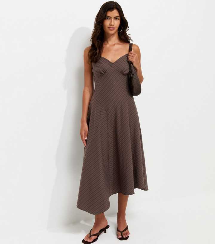 Dark Brown Cotton Rich Asymmetric Hem V-Neck Midi Dress