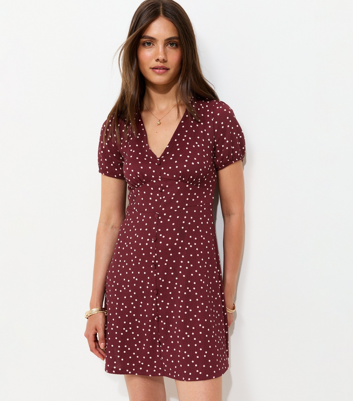 Women's Red Spot Print V-Neck Short Sleeve Mini Dress New Look