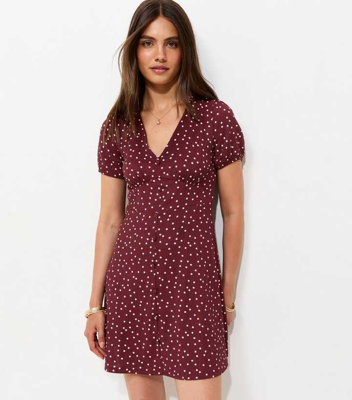Red Spot Print V-Neck Short Sleeve Mini Dress