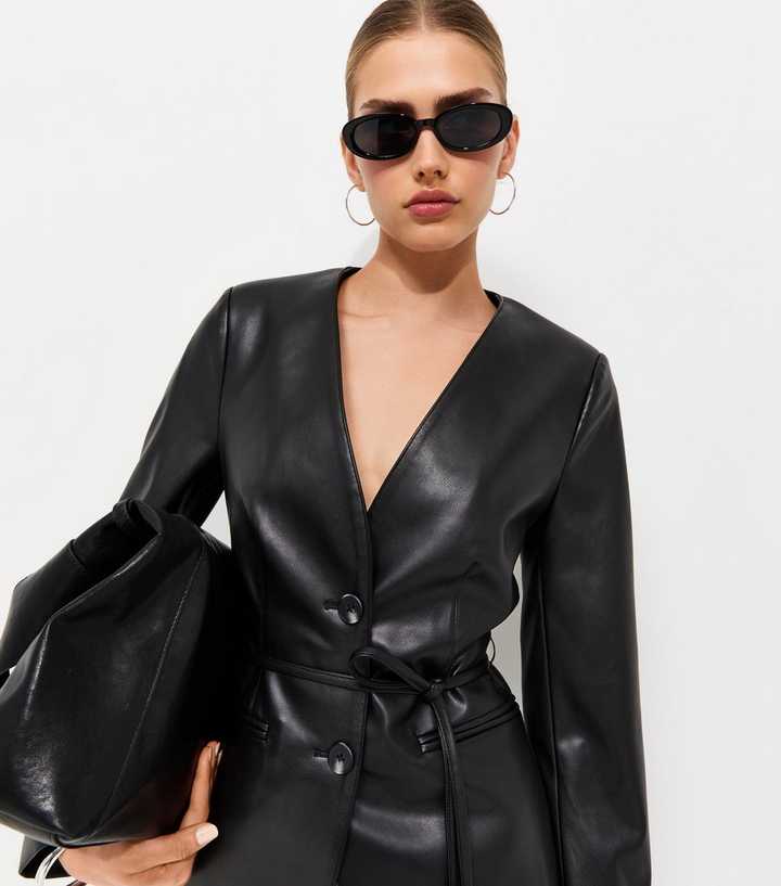 Black Faux Leather Collarless Tie Waist Blazer