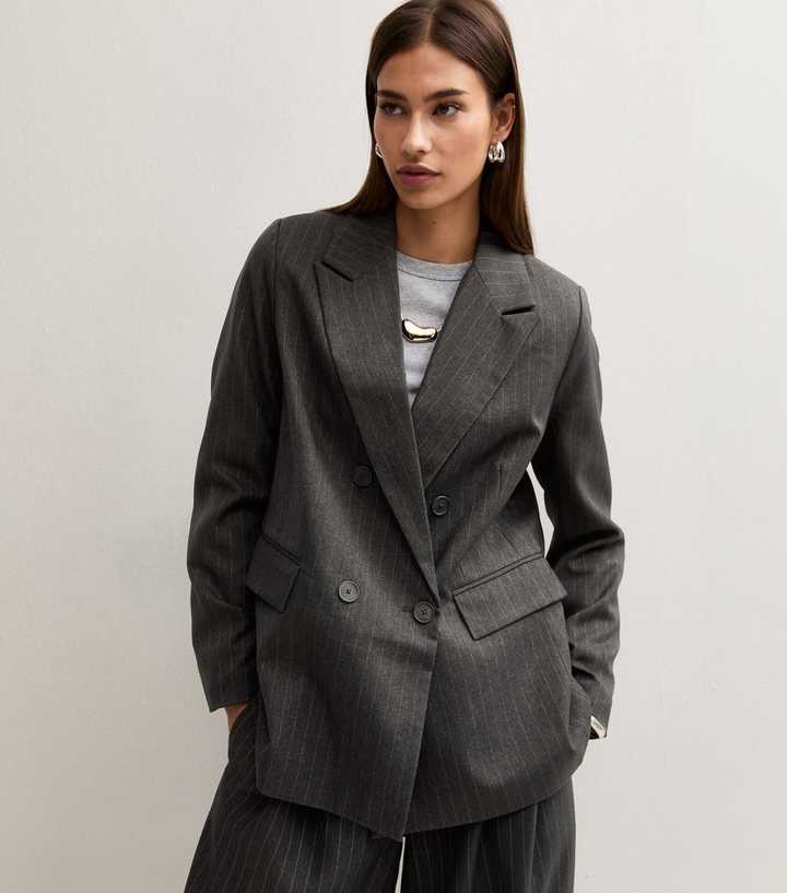 Grey Pinstripe Double Breasted Blazer