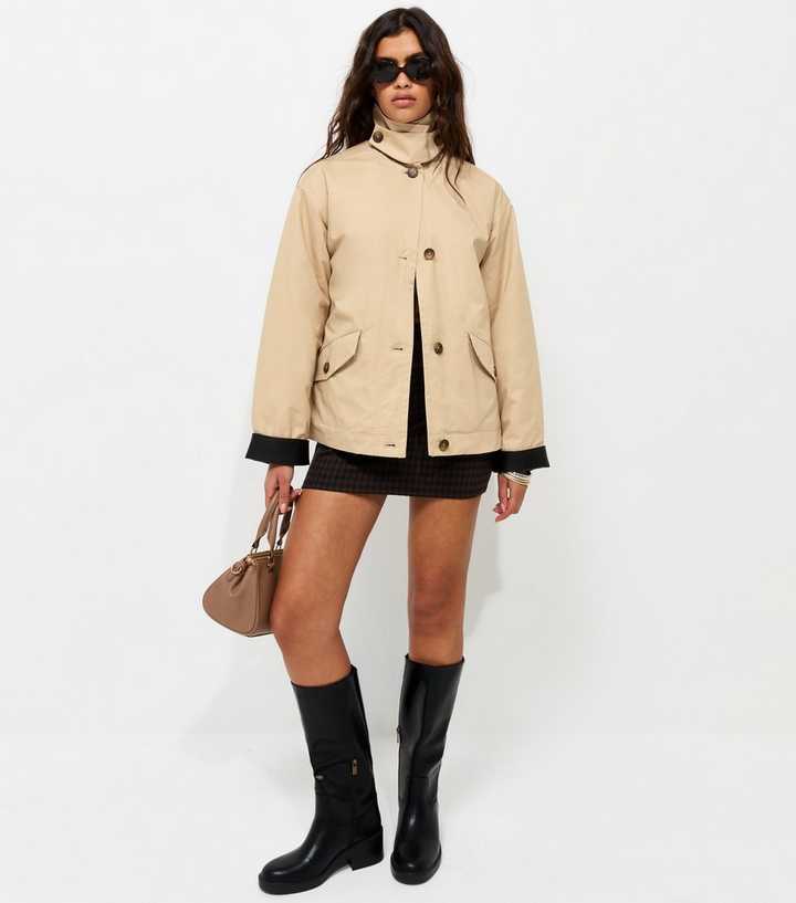Stone Contrast Trim Funnel Neck Barn Jacket