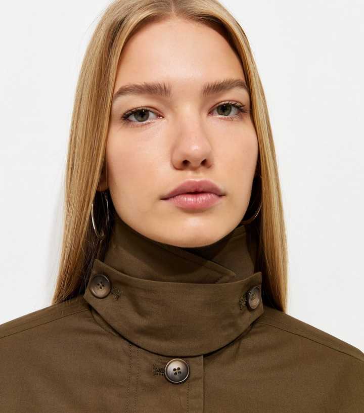Dark Khaki Contrast Trim Funnel Neck Barn Jacket