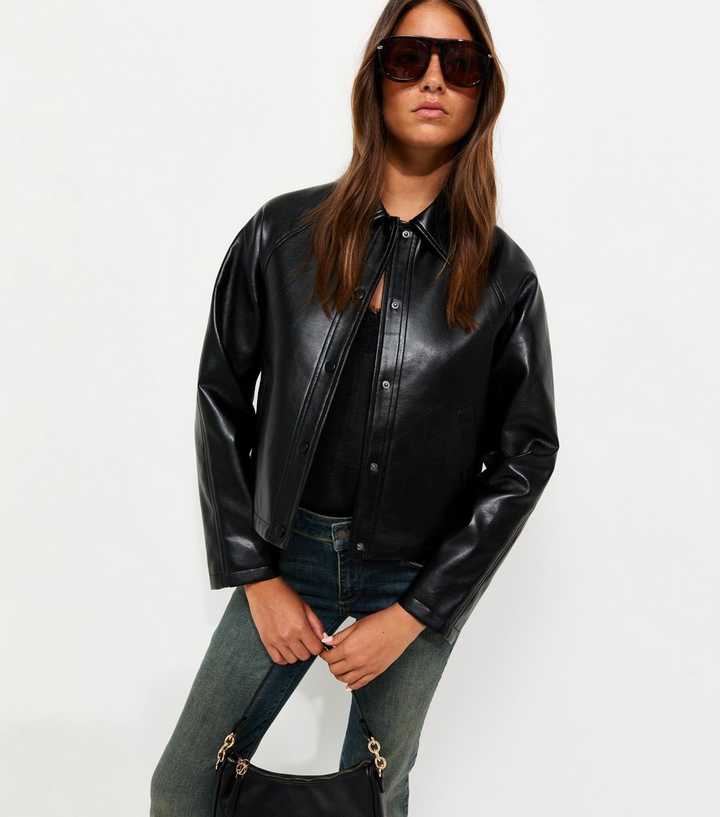 Black Faux Leather Collared Jacket