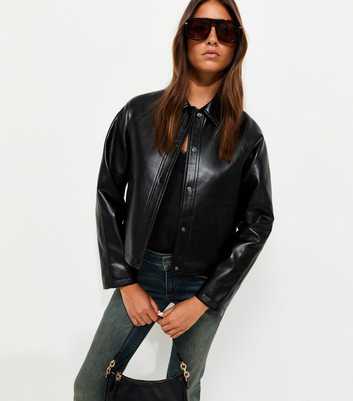 Black Faux Leather Collared Jacket