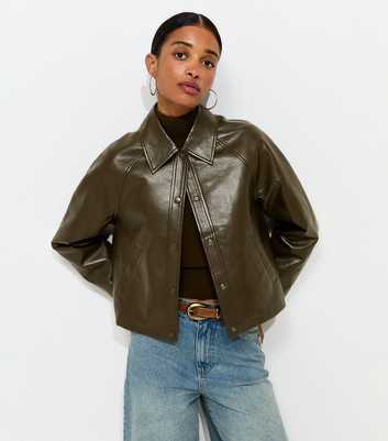 Light Khaki Faux Leather Collared Jacket
