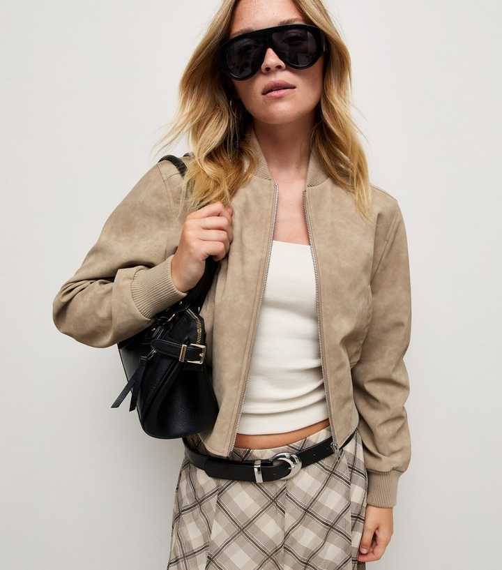 Stone Faux Suede Bomber Jacket