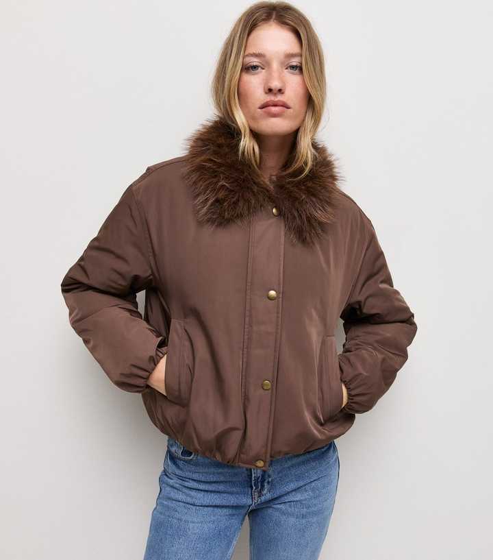 Dark Brown Faux Fur Collar Bomber Jacket