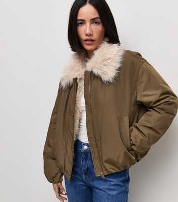 Dark Khaki Faux Fur Collar Bomber Jacket