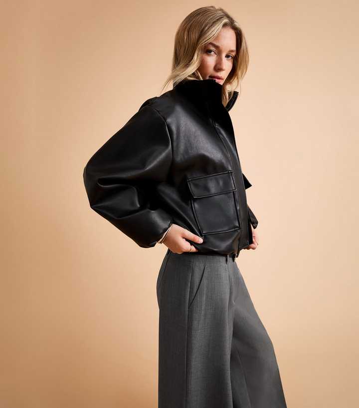 Black Faux Leather High Neck Jacket