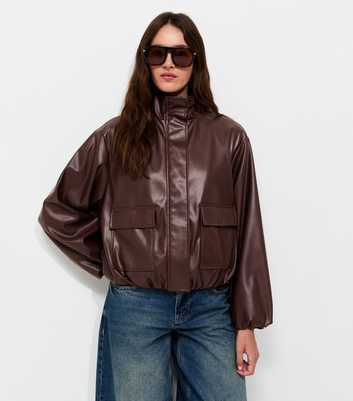 Dark Brown Faux Leather High Neck Jacket