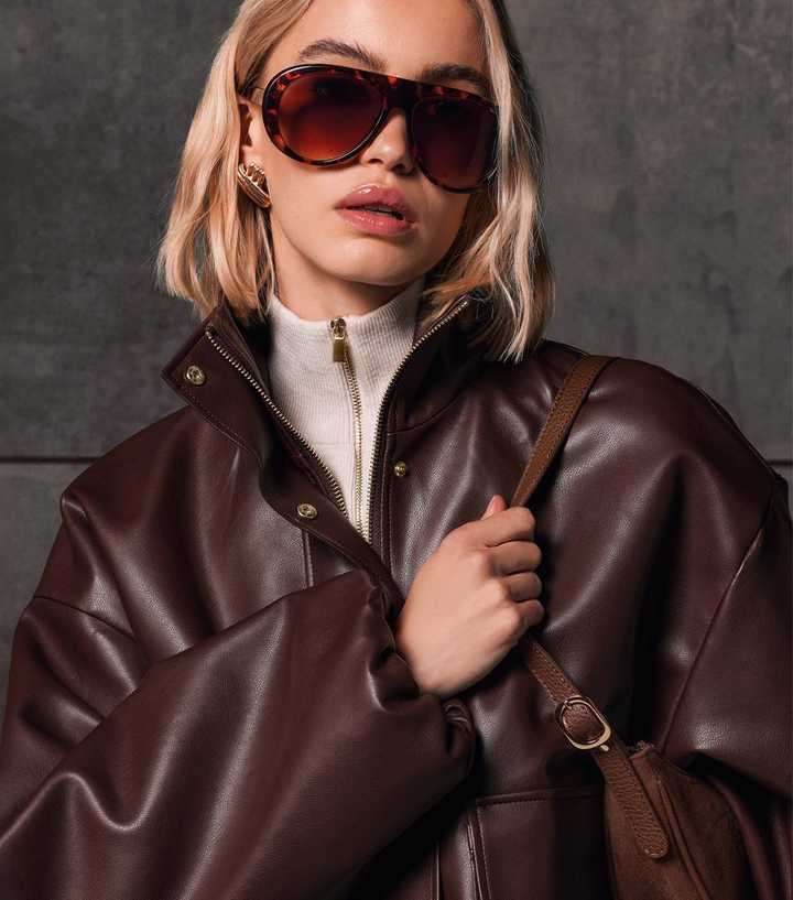 Dark Brown Faux Leather High Neck Jacket