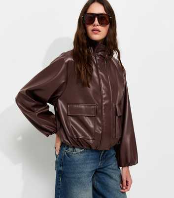 Dark Brown Faux Leather High Neck Jacket