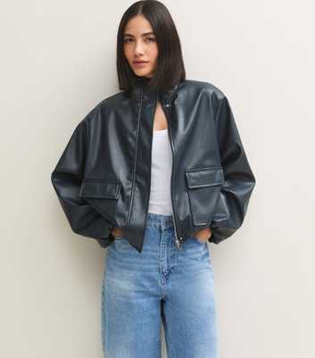 Navy Faux Leather High Neck Jacket