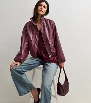 Dark Burgundy Faux Leather High Neck Jacket