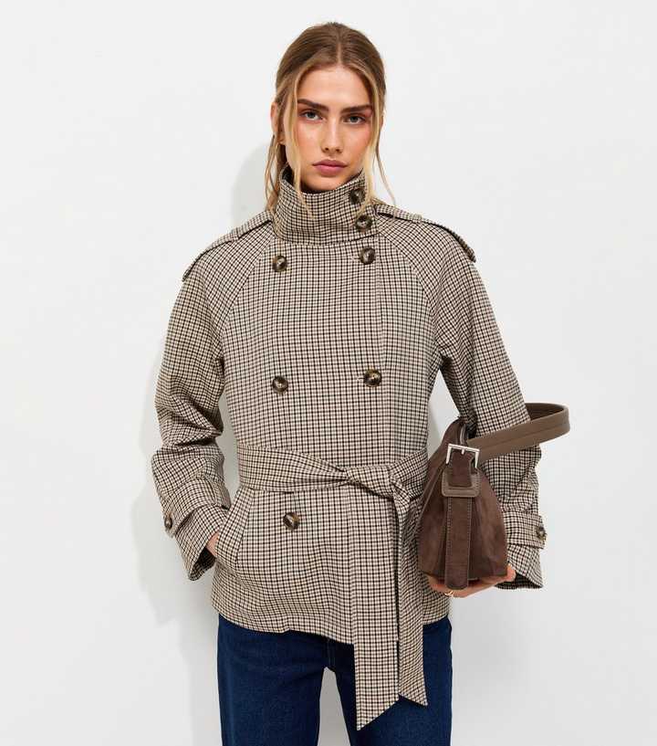 Brown Check Funnel Neck Cropped Trench Coat