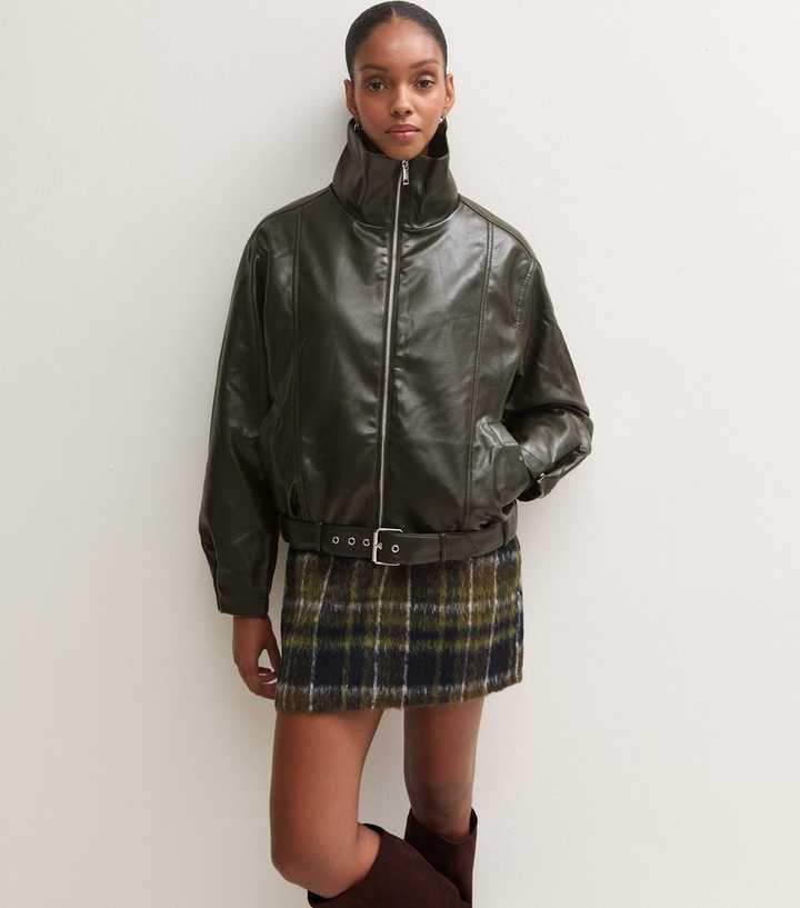 Light Khaki Faux Leather Buckle Hem Funnel Neck Jacket