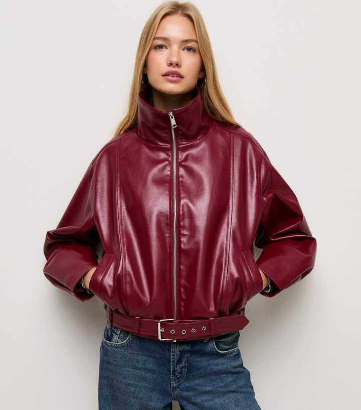 Dark Red Faux Leather Buckle Hem Funnel Neck Jacket