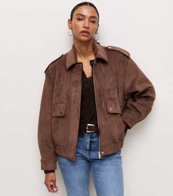 Brown Faux Suede Pocket Front Bomber Jacket