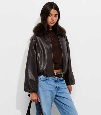 Dark Brown Faux Fur Collar Faux Leather Bomber Jacket